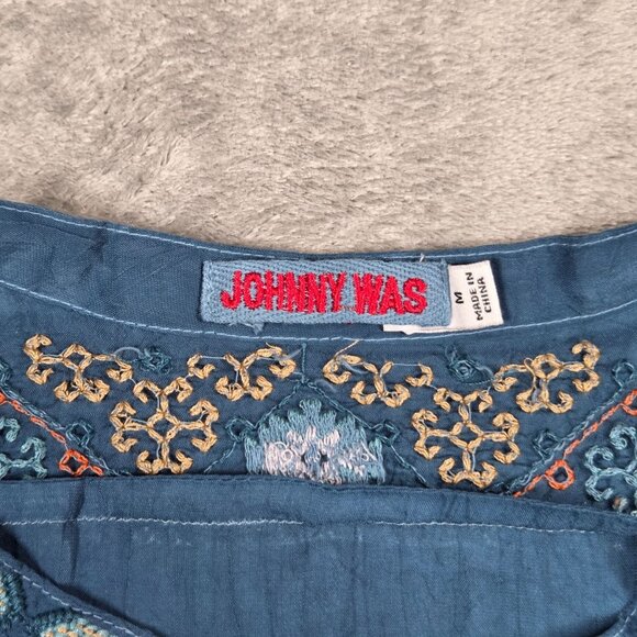 Johnny Was Top Womens M Blue Brony Embroidered Blouse Peacock Boho - Picture 4 of 11